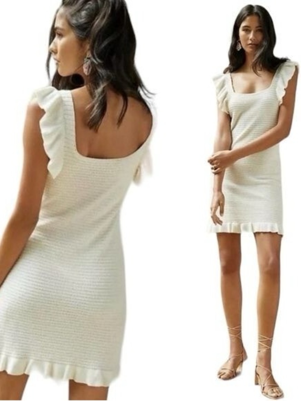 NWT Anthropologie Ivory/Cream Ruffle-Trim Knit Mini Dress Size Small